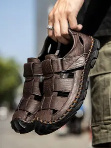 Men's Casual Cut Out Design Velcro Unique Sandals, Flexible Sandals, Fashionable Round Toe Sandals for Beach, Outdoor Beach Shoes for Men, Summer Outdoor Sandals