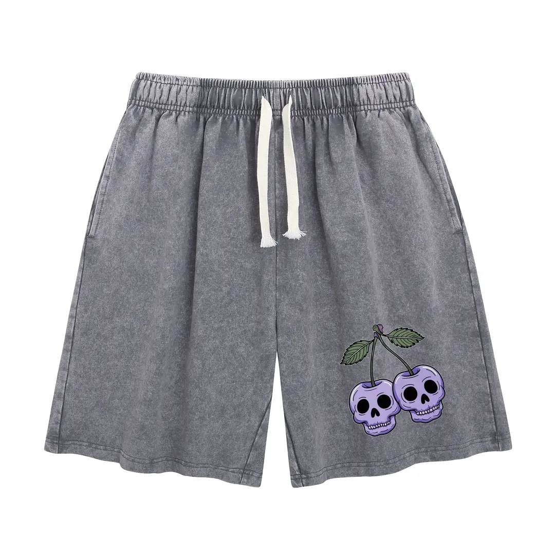 Women's Vintage Acid Wash Skull Cherry Graphic Shorts - H Type Loose Fit Soft Cotton with Drawstring, Pockets for Carry, Fashion Summer Lounge Bottoms, Vintage Shorts, Acid Wash Shorts