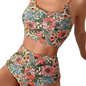 Floral Print High Waisted Bikini Set for Women, Scoop Neck Crop Top with Spaghetti Straps, Retro Flower Pattern High-Cut Bottom, Quick-Dry Stretchy Fabric, 2-Piece Swimsuit for Beach Pool & Vacation