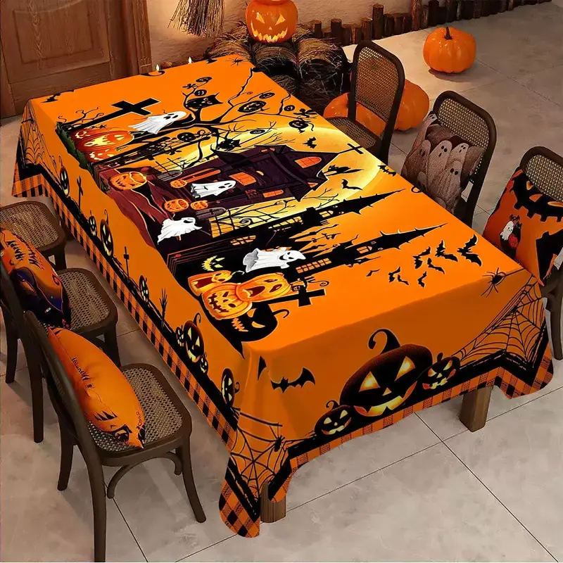 Rectangular Tablecloth, Halloween Horror Castle Pumpkin Print, Indoor Outdoor Use, Party Decor, Wedding, Camping, Table Cover-print on one side