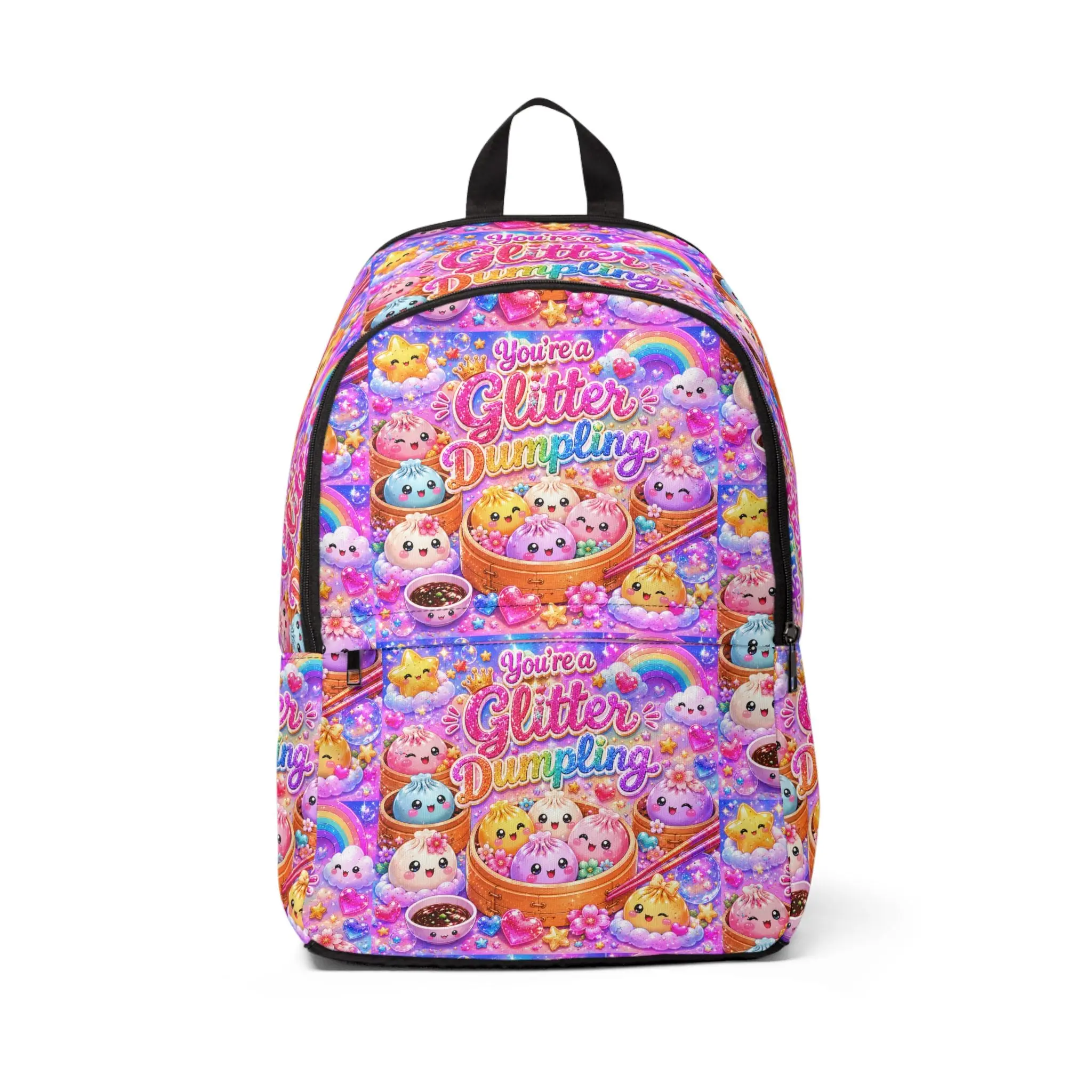 Kawaii Glitter Print Dumpling Backpack, Playful Casual Style, Lightweight with Zipper Closure