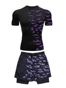 Men's Graphic Print Round Neck Sports Tee & 2 in 1 Drawstring Waist Shorts Set, Regular Fit Crew Neck Short Sleeve T-shirt & Shorts, Men's Sportswear Set for Gym Workout Running, Workout Gym Clothing