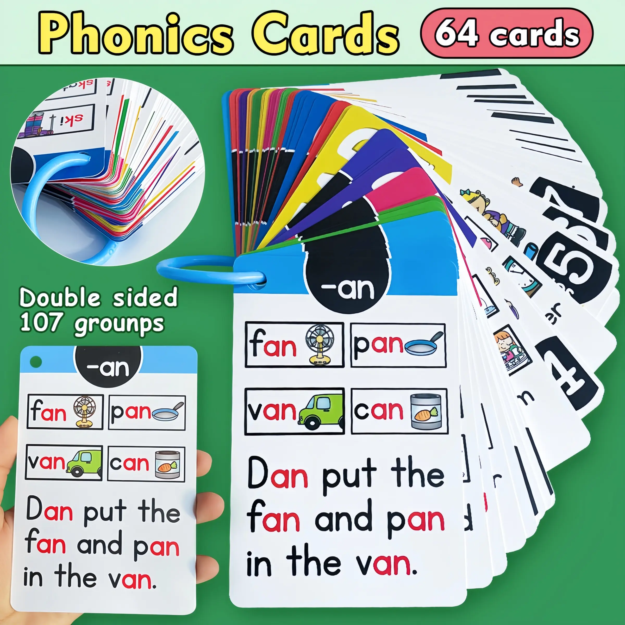 64 Pcs English Natural Phonics Practice Cards, Study Cards, Letter Flash Cards, Flashcards Learning Alphabet, Word Memory Learning Tools, Dual-Sided Printing, Home Education & School Teaching Supplies