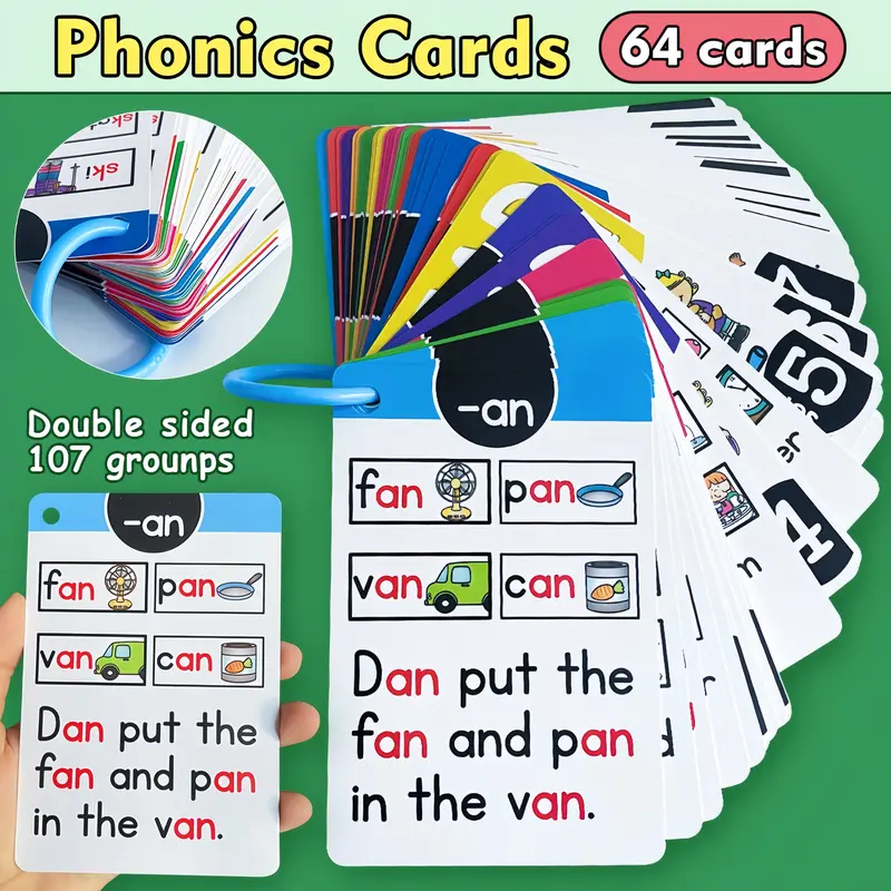 64 Pcs English Natural Phonics Practice Cards, Study Cards, Letter Flash Cards, Flashcards Learning Alphabet, Word Memory Learning Tools, Dual-Sided Printing, Home Education & School Teaching Supplies