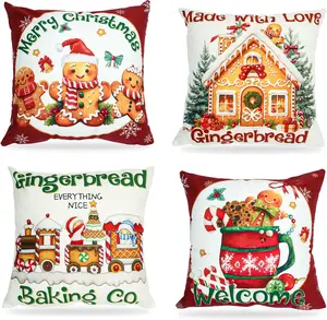 Christmas Gingerbread House Pillow Covers 1818 Inch, Gingerbread Man House Bakery Throw Pillow Covers Xmas Holiday Cushion Case for Sofa Couch Bed  Decorations Set of 4