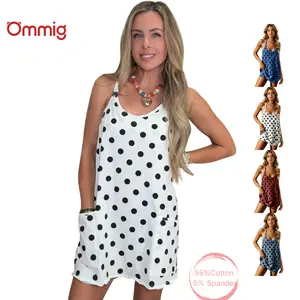 Ommig & justjessyxo Women's Summer Polka Dot Tennis Dress Sleeveless Spaghetti Straps V Neck Mini Dress with Built-in Shorts Casual Athletic Dress with Pockets