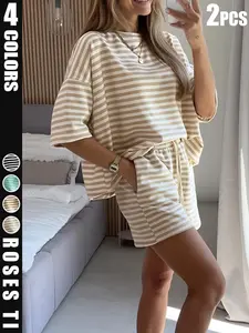 Clearance Sale 2PCS casual, fashionable, Fitted and Matching women's clothes striped printed round neck top and shorts two-piece set Outfit