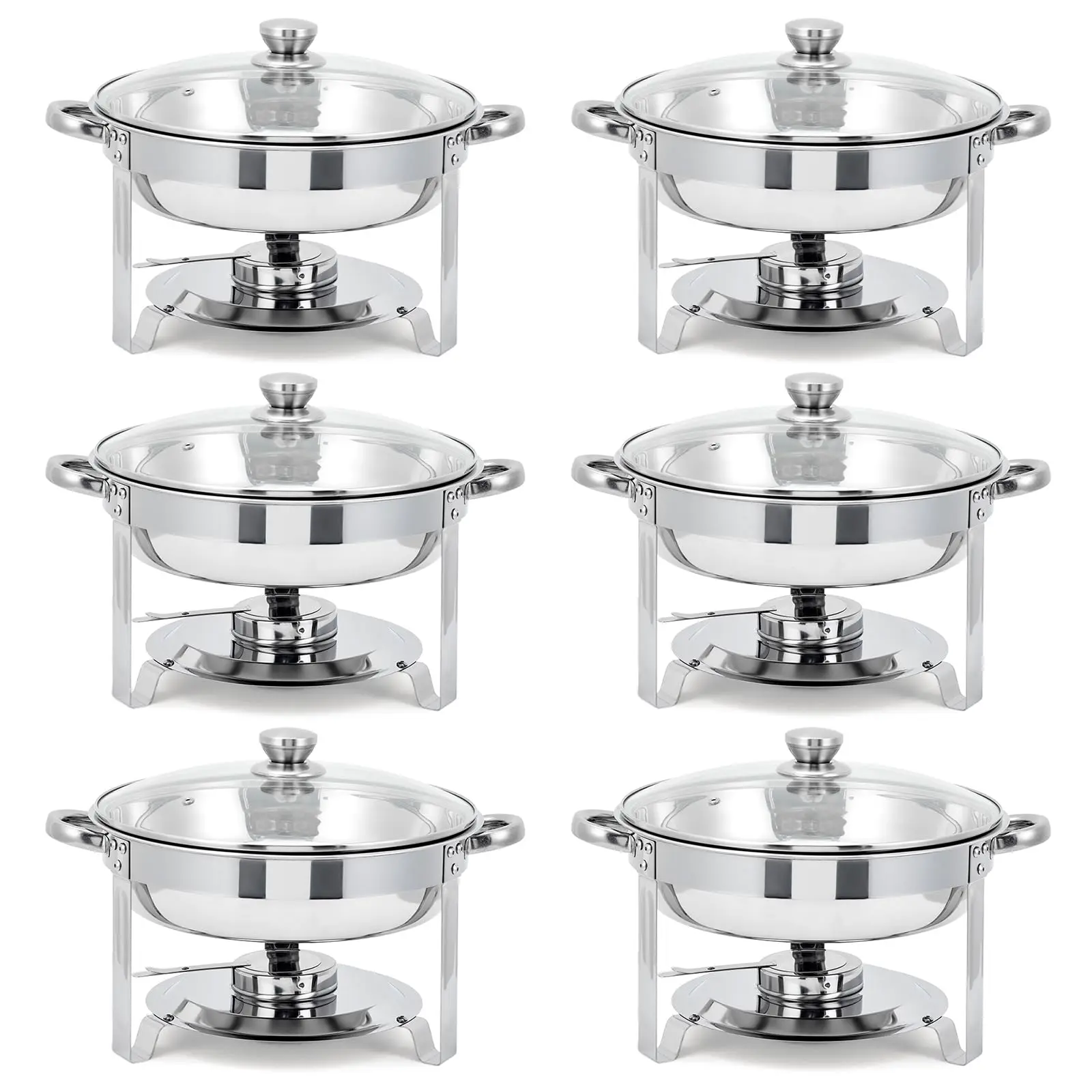 5QT Round Chafing Dish Set (6 Pack) - Stainless Steel Buffet Set with Glass Lids, Fuel Holder & Food Pans - Perfect for Weddings & Parties