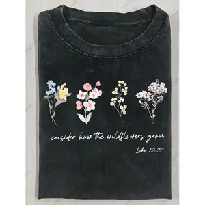 Women's Vintage Batik Washed T-Shirt with Wildflower Blooming Print Featuring Luke 1227 Bible Verse Soft Pastel Floral Design Casual Round Neck Top for Spring Summer and Fall