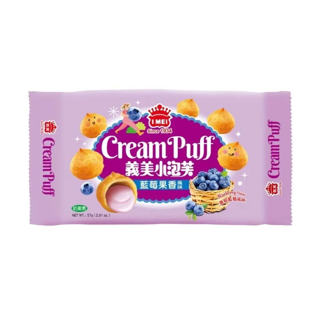 I-Mei Bite-Sized Crispy Blueberry Cream Puffs, Dairy-Containing Egg-Based High-Carb Sweet Dessert Snack, Room Temp Storage, Suitable for All Ages - 57g