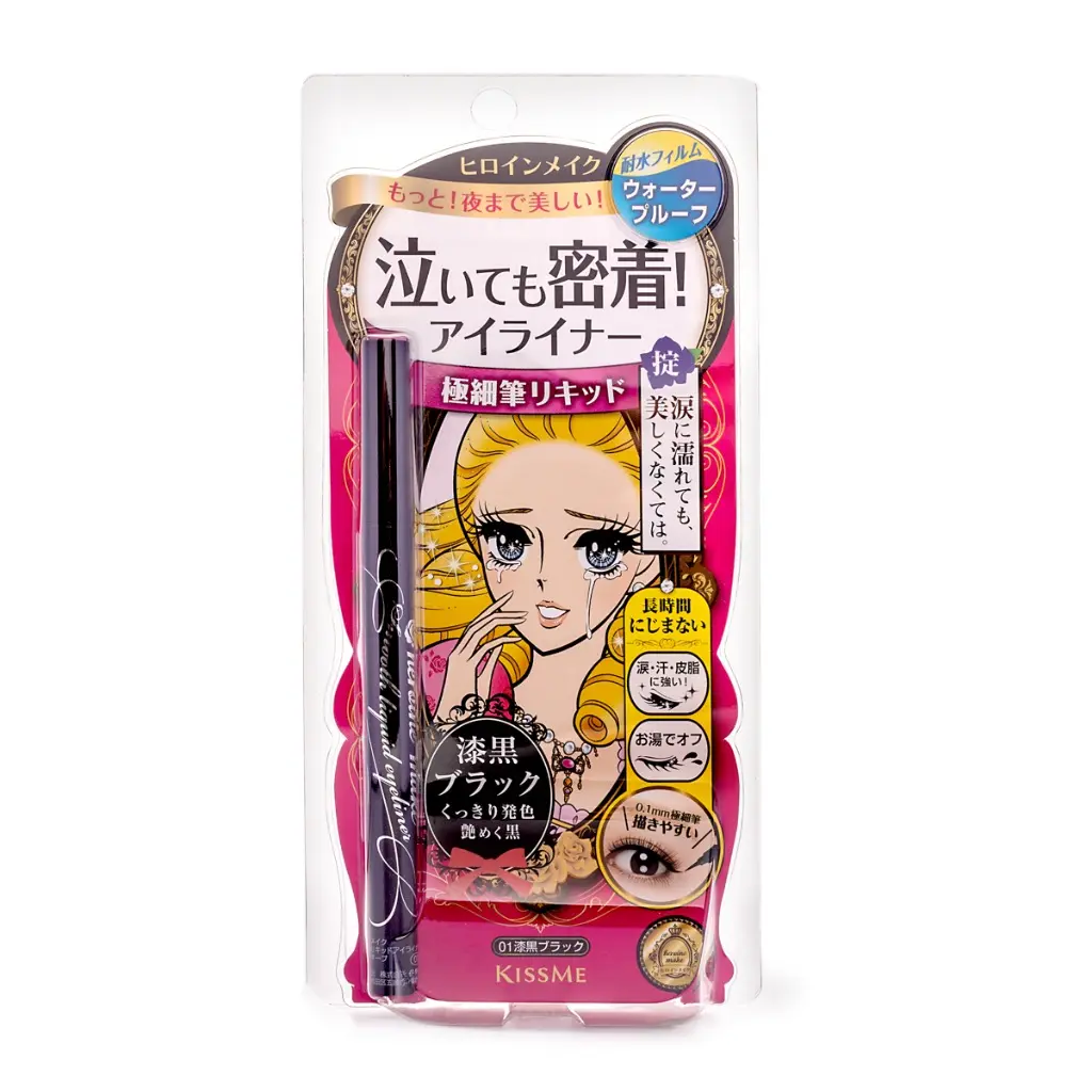 Kiss Me Heroine Make Smooth Liquid Eyeliner, Super Keep 24-Hour Waterproof and Long-Lasting Pen with 0.1mm Microfine Tip, 01 Black, 0.4ml, Lasts 24H, Brush