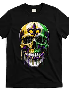 Men's Mardi Gras Mardi Gras Skull & Fleur De Lis Short Sleeve Shirt - Glossy Finish All-Season Top with Drop Shoulder, Crew Neck Casual Wear Suitable for Parties, Beach, Outdoor & Daily Activities - Machine Washable Comfortable Outfit