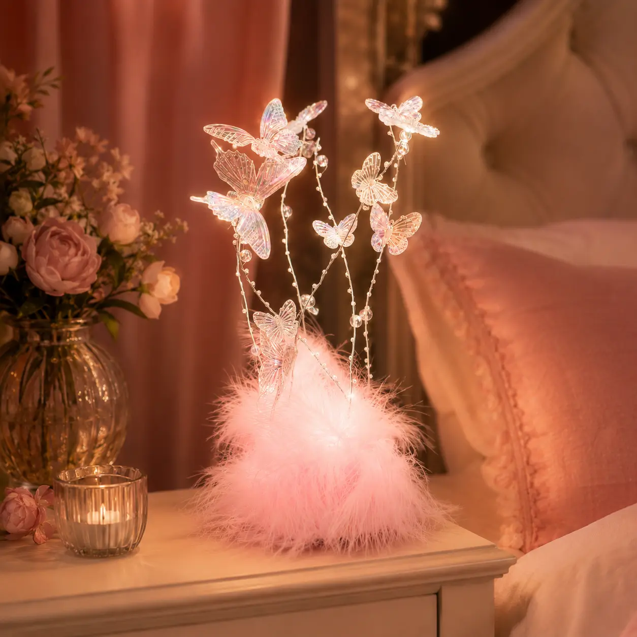 DIY Butterfly Feather Lamp, Pink USB Powered Night Light with 3 Light Modes, 3D Butterfly Decor Lamp with Soft Feather Base, Crystal Beads & Transparent Stems, Cute Room Decor Gift