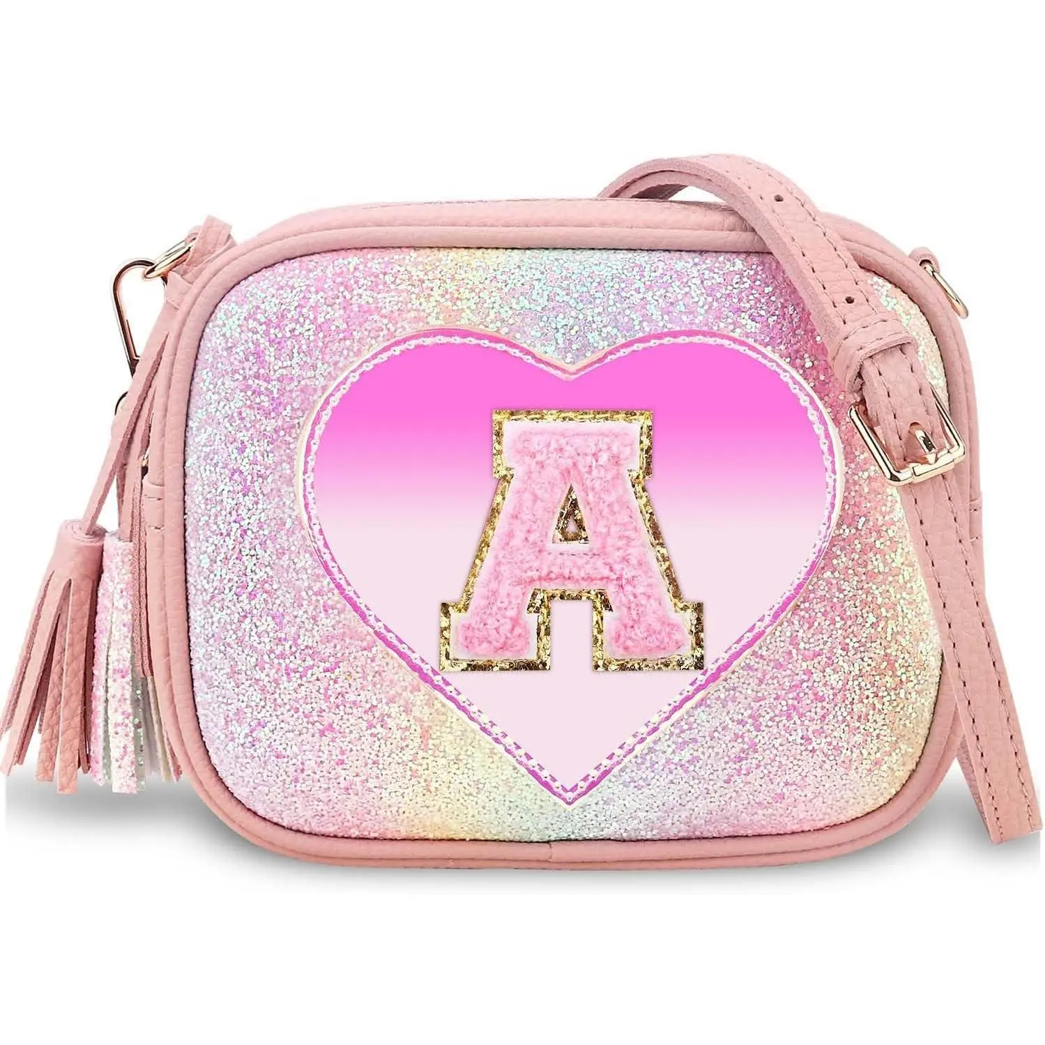 Kids' Personalized Initial Letter Heart Patch Crossbody/Shoulder Bag - PU Leather Zip, Cute Adjustable Strap, Plain Color Bag, Unisex Minimalist 3-4 Years Pouches Toddler, Hand Wash Only, 21x5x12.95cm