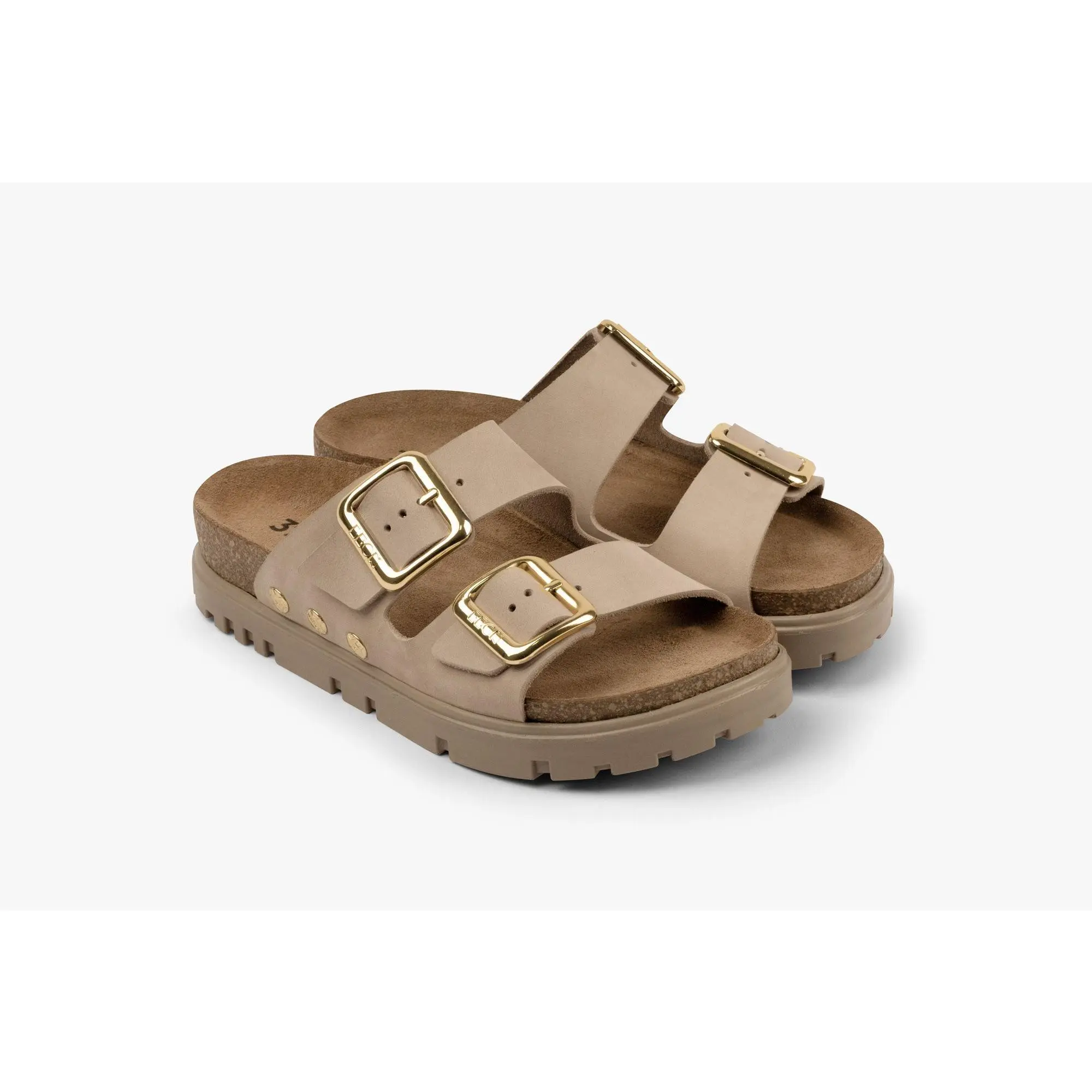 Portofino II by LEON- Women’s Leather Sandal – Double Strap Slide with Cork-style Footbed & Adjustable Buckle