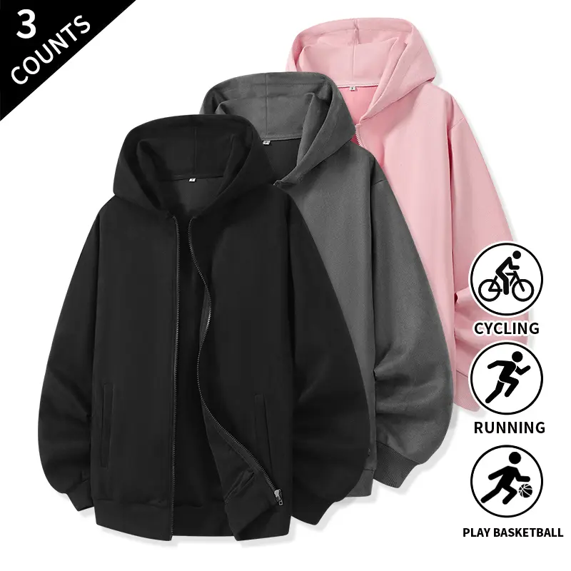 3-Pack Men’s Faux Suede Hooded Sweatshirts, Simple Casual Outerwear, Unisex Style, Full-Zip Hoodies Suitable for Daily Wear, School, and Sports