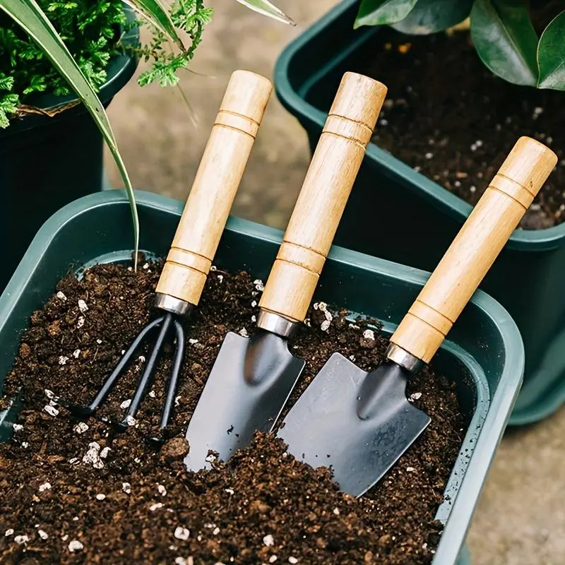 3pcs Garden Tool Set with Wooden Handles - Aluminum Alloy Rake, Tip Shovel & Large Shovel for Succulent Planting, Digging & Gardening Heavy Duty Tool Kit
