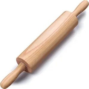 Wooden Rolling Pin 17.6 Inch with Rotating Ergonomic Handles – Classic Beech Wood Dough Roller for Baking Pizza, Pastry, Bread, and Cookies HELFERX