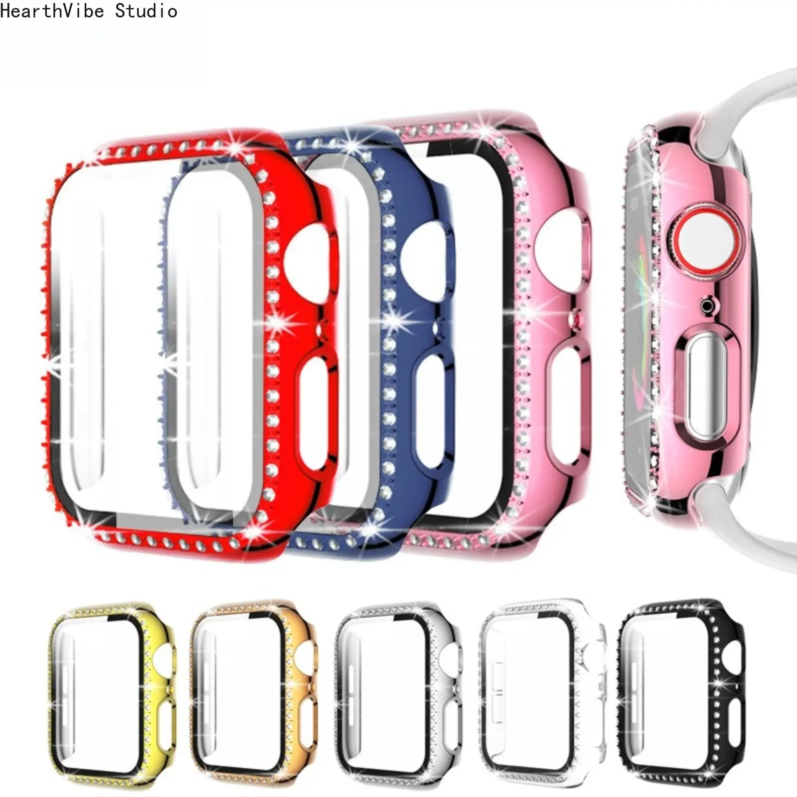 Unisex Wearable iWatch Protective Cover with Tempered Glass Screen Protection, 1#Transparent Single Drill Integrated Shell, 2#Silver Single Diamond Hollow Shell, Sports Camping Accessory Compatible with iWatch Series 10-9-8, Accessories, Screen Protector