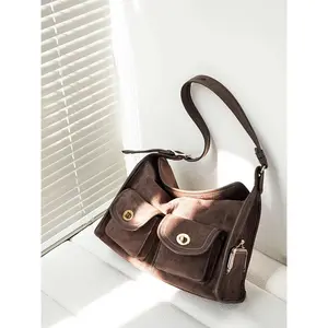 Women's Fashion Bag-Vintage Gold Plated Lock Multi-Pocket Single Shoulder Pillow Bag Retro Artistic Casual Wide Shoulder Strap Large haversack Bag Brown crossbody  bag
