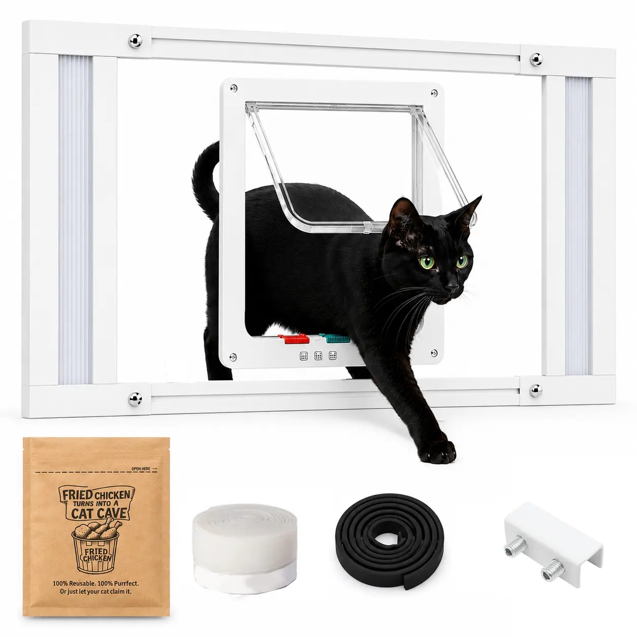 JubiTail Window Cat Door Insert for Vertical Sash Windows – No-Drill Aluminum Frame, Fits 23.5–37.5 in, Access to Outside