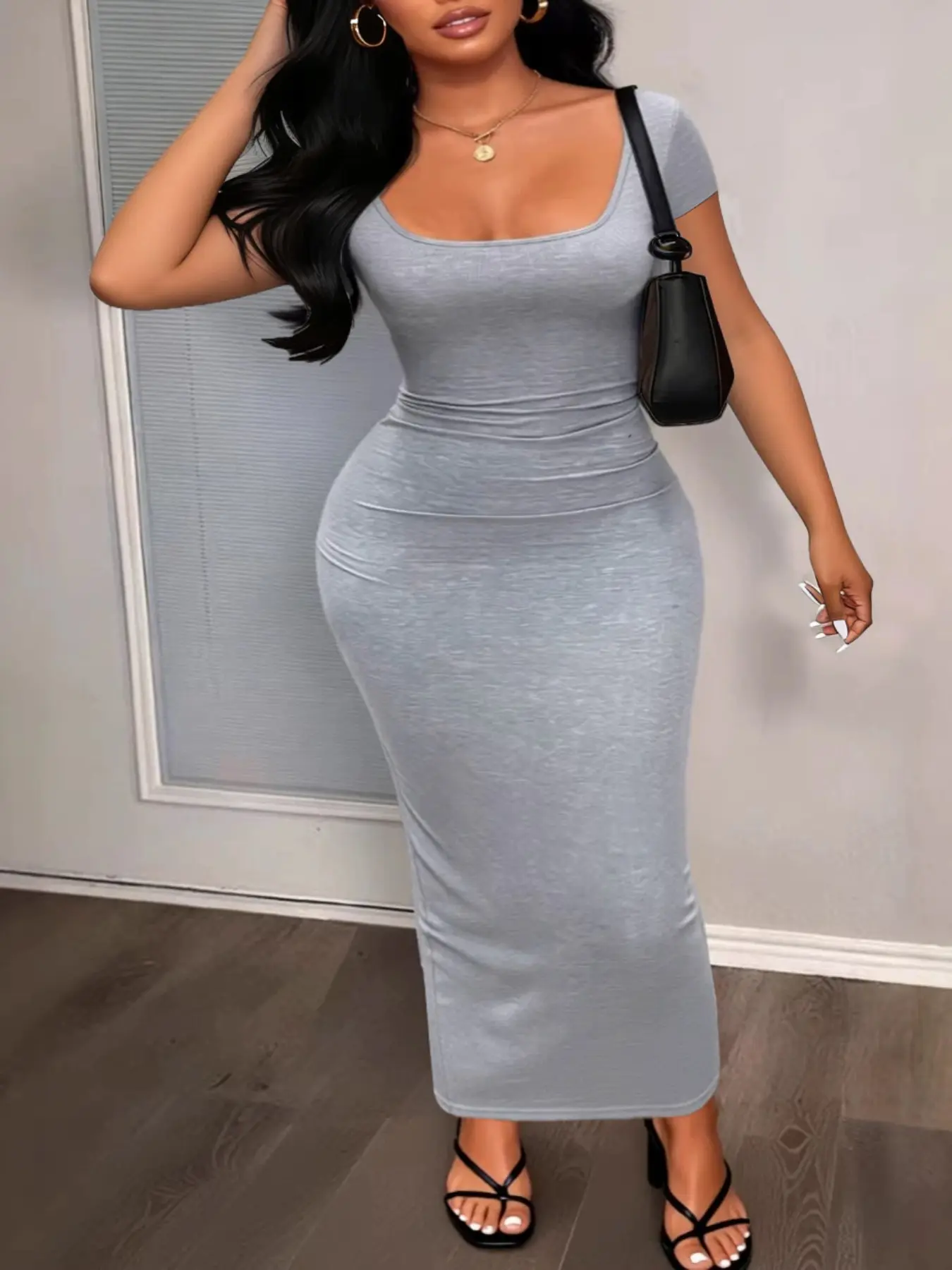 Pure Color Tight-Fitting Ribbed Low Neck Square Collar Short Sleeve Dress, Casual Fashion Fitted, Casual Slim Fitting, Casual Long Dress for Women, Plain Style, Basic, Casual Wear, Womenswear