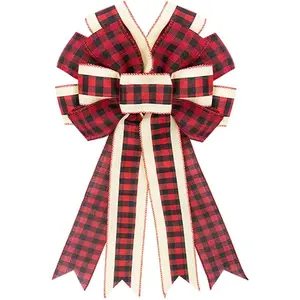 Large Christmas Wreath Bows Red Black Buffalo Plaid Ribbon Bow for Wreaths, Large Tree Topper Bows for Christmas Home Garden Indoor Outdoor Decoration Wreath Ornament Supplies
