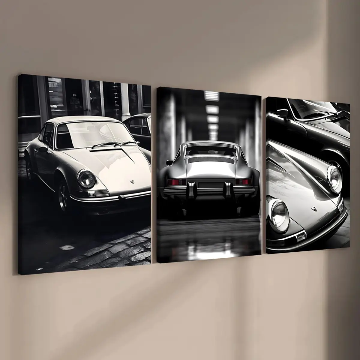 3-count wooden frame canvas, industrial-style car close-up decorative poster, Vintage Prints, retro black and white sports car decoration, home decoration, Classic car wall art, waterproof, art, Artwork