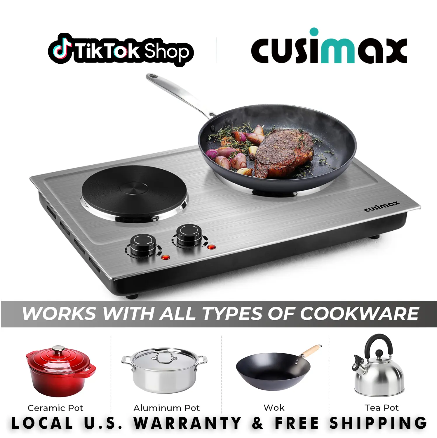 CUSIMAX 2-Burner,Corded Portable Hot Plate,1800W Stainless Steel Electric Cooktop, Dual Cast Iron Heating Plates, Auto Shutoff, Easy-to-Clean Silver Upgraded Version, Thermostatic Control, Ideal for Camping, Kitchen Use,SummerFinds,home essentials