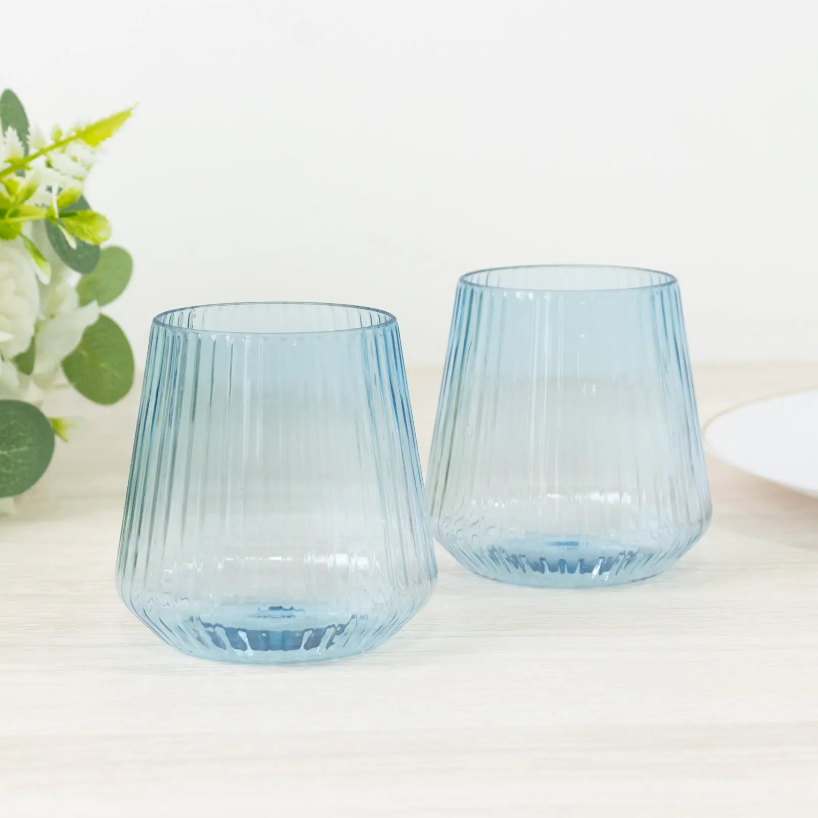 12-Pack Dusty Blue Transparent Plastic Stemless Wine Glass Set, 12oz Ribbed Reusable Shatterproof Cocktail Tumblers for Baby Showers, Birthday, Party, Wedding