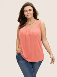 【Easter's Haul】【Arm Freedom】BlOOMCHIC Plus Heather Plicated Detail Square Neck Tank Top Fashion Fit Sleeve Women Womenswear Curvy Fabric Flat Garment Lightweight tank tops SpringStatements