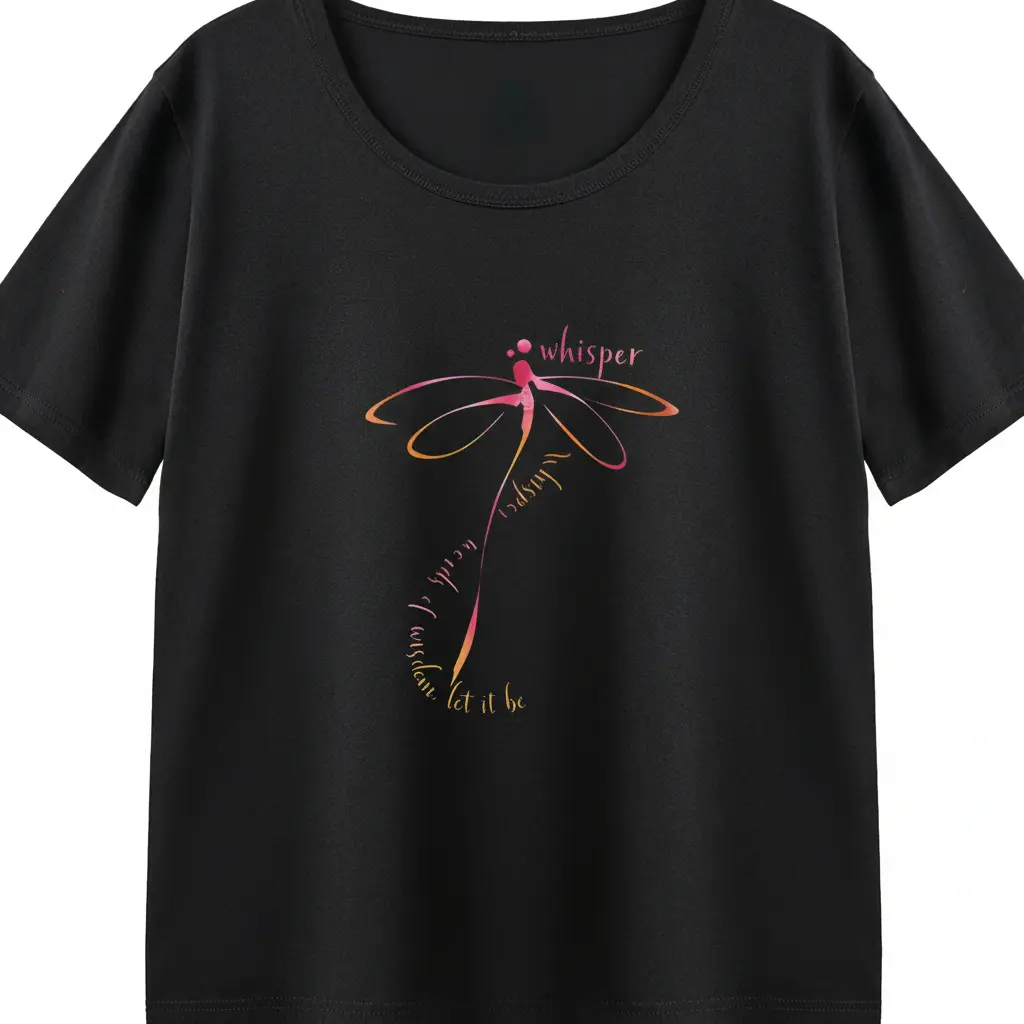 Whisper Let It Be Tee - Gradient Dragonfly Calligraphy Graphic Minimalist Artistic Poetic Shirt for Women Vintage Aesthetic