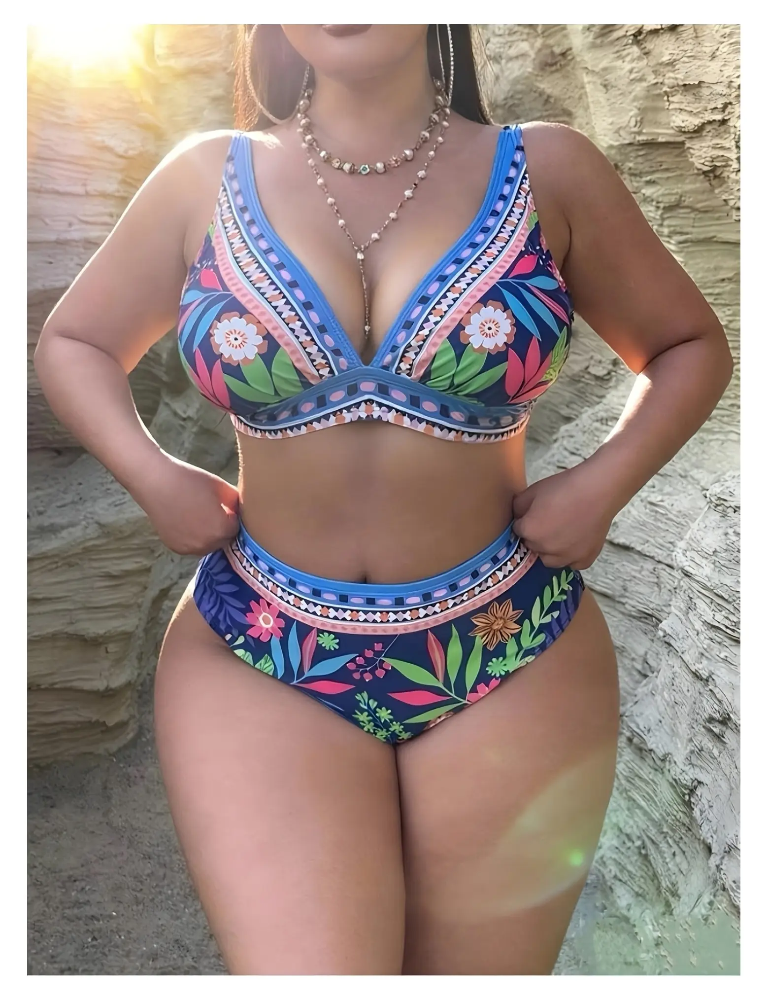 Plus Size Swimsuit Women Two Piece, Luxe All-Over Print Bikini Set with Tie Detail, Stylish Beachwear for Summer Holidays, Available in Sizes 12-22