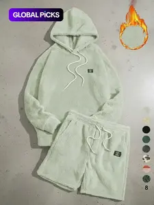 Two-piece Set Men's Letter Patch Drop Shoulder Knit Thick Fabric Hoodie & Drawstring Waist Shorts Set, Casual Fashion Cozy Regular Fit Outfits, Daily/Outdoor Wear, Men's Clothes for Fall & Winter
