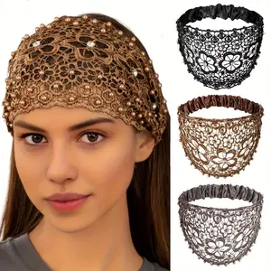Elegant Floral Lace Beaded Headband - Polyester Hollow Headband with Elastic Band - Dress Up Hair Accessory Set - Solid Pattern Bridal Wedding Jewelry Diamond