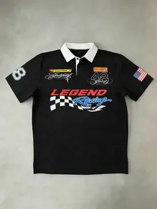 Vintage Racing Polo Shirt for Men | Fitted | Contrast White Collar | Double-Sided "LEGEND Racing" Graphic Print | Checkerboard & American Flag Patch | Retro Motorsport Streetwear in Black/Navy