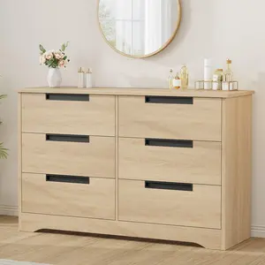 Modern 6 Drawer Natural Wood Chest, Embedded Handles, Stylish Organizer for Bedroom, Living Room, Nursery and Hallway