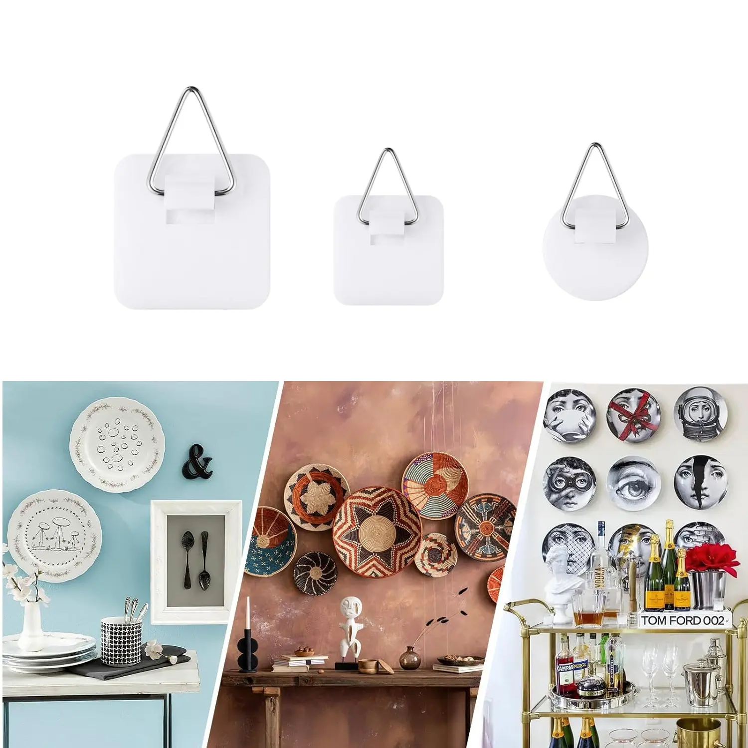 Heavy Duty Self Adhesive Plastic Triangle Hooks, No Damage Wall Sticky Hooks for Hanging Picture Frames Decorative Plates & Home Ornaments, Easy Install Removable Decor Hanging Hooks-MM1