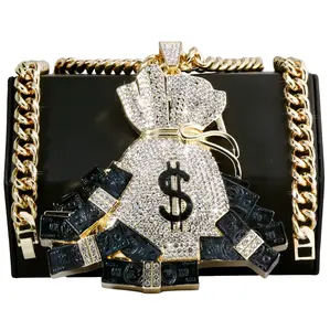 Huge XL - Cash Bag Money Sign Fully Iced | Curb Cuban Necklace Gold Plated