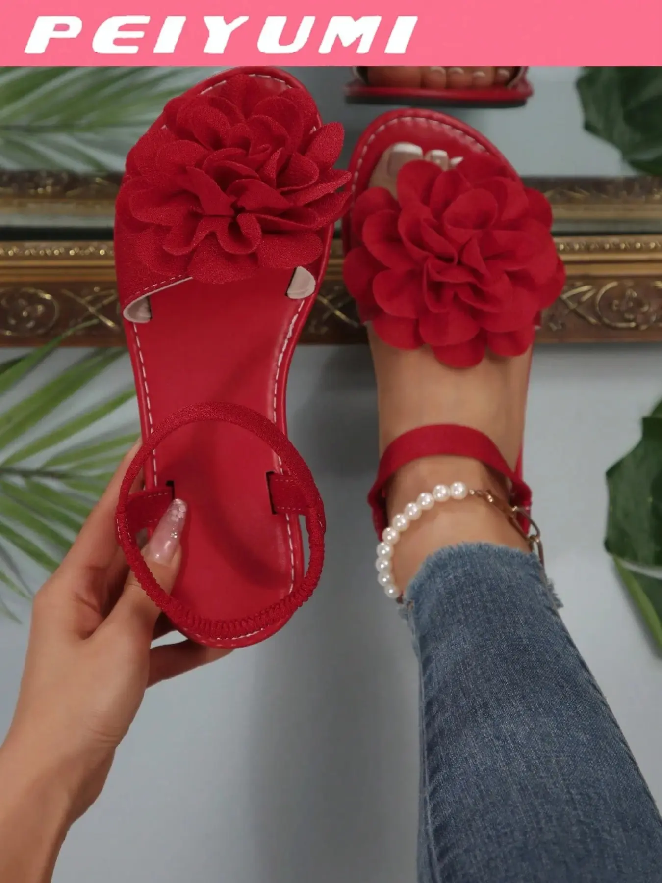 Brand new plus size women's comfortable simple round toe bow decoration Bowknot design sandals metal beaded flat Rubber sandals, casual fashion outdoor beach vacation summer shoes Casual summer footwear Open toe sandal Comfy Footwear Sandals