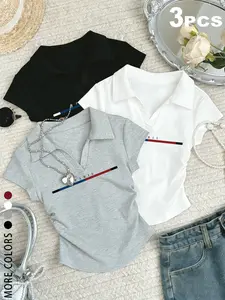 3 PCS Paris Stripe Print Polo Collar Crop Tops for Women, Y2K Aesthetic Short Sleeve Ruched Slim Fit V Neck Tops,TikTok Viral Preppy Outfit, Perfect for Daily Wear, School, Shopping, Minimalist Style for Teen Girls, Gen Z Fashion, Shirts