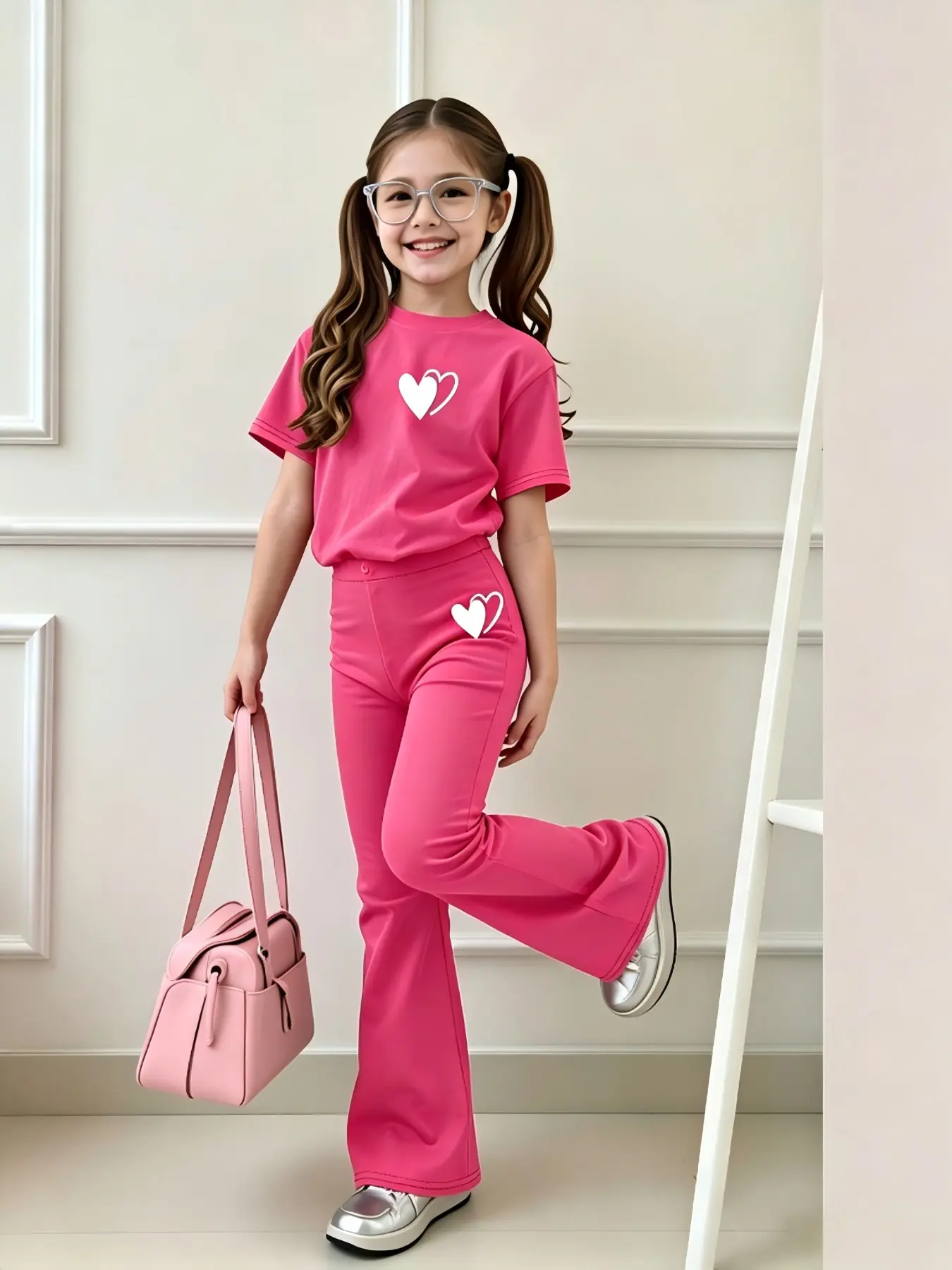 2-Piece Set for Girls Ages 8-12, Heart Print Short Sleeve T-Shirt & Flare Pants, Cute Cartoon Style for Spring & Summer Outdoor Activities