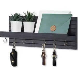 Decorative Key Holder for Wall with Shelf, Entryway Shelf with Hooks Holds Leashes, Jackets and Glasses – Sturdy Wood Keyholder Entrance Hanger with Mounting Hardware (Black, Large)