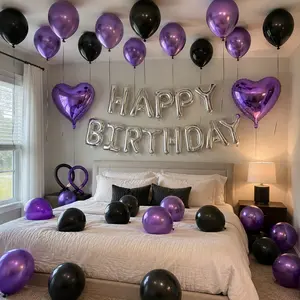 Purple & Black Birthday Balloon Decorations Set, Happy Birthday Foil Banner, Purple Heart Foil Balloons, Black & Purple Latex Balloons, Balloon Garland for Birthday Party Decor, Bedroom Surprise and Backdrop
