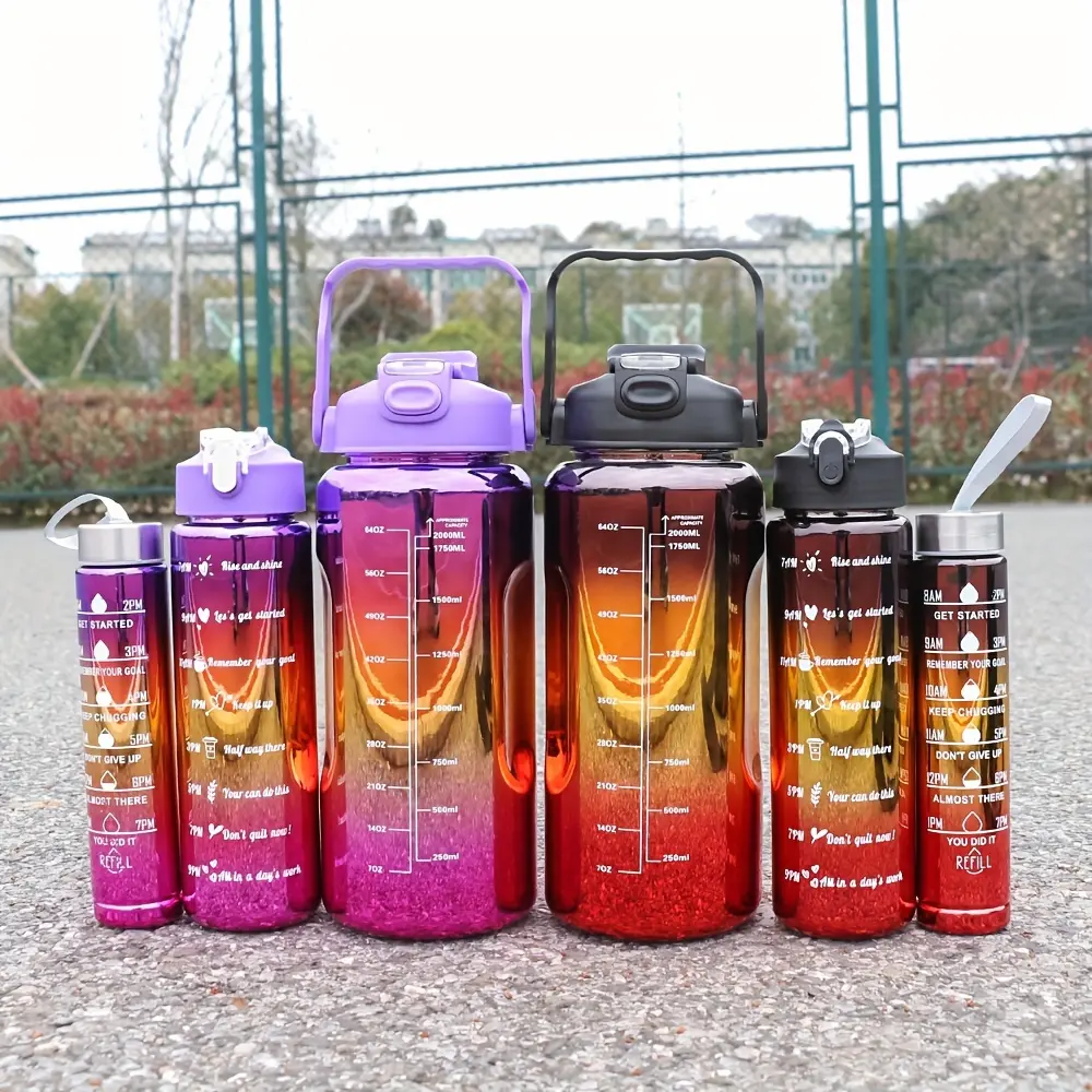 3pcs of Leak-Proof Electroplated Gradient Sports Water Bottles with Straws And Time Markers - Perfect for Offices, Schools, Gyms, And Workouts - Large 64Oz, 27Oz, 15Oz - Inspirational And Durable - Back to School Supplies