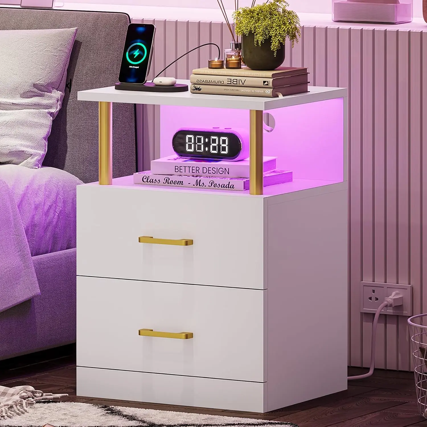 VIAGDO LED Night Stand with Charging Station and USB Ports, White Night Stand with 2 Drawers, Modern End Side Tables with Open Storage, Bedside Tables for Bedroom, Office outdoorfun
