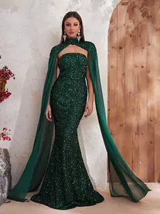 Mock Neck Cloak Sleeve Sequin Formal Dress