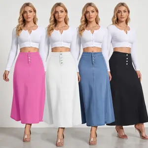 JUNBAOSS Women's Chic Mid-Rise Slim-Fit Flowy Midi Skirt - Basic Cotton Denim, Stretch Fabric, Button Accents, Casual All-Day All-Season Women's Bottoms, Midi Skirts