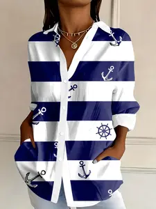 Blue Striped Anchor Print Loose Long Sleeve Shirt Blouse, Casual Commuter Versatile Mid-Length Open Front Top, Women's Fashion