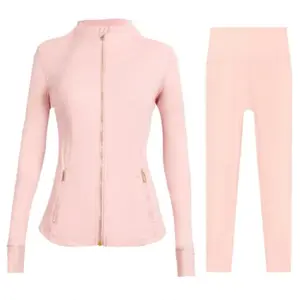 Yoga Set - Pink Long Sleeve Zipper Jacket & High Waist Leggings for Women's Fitness With logo